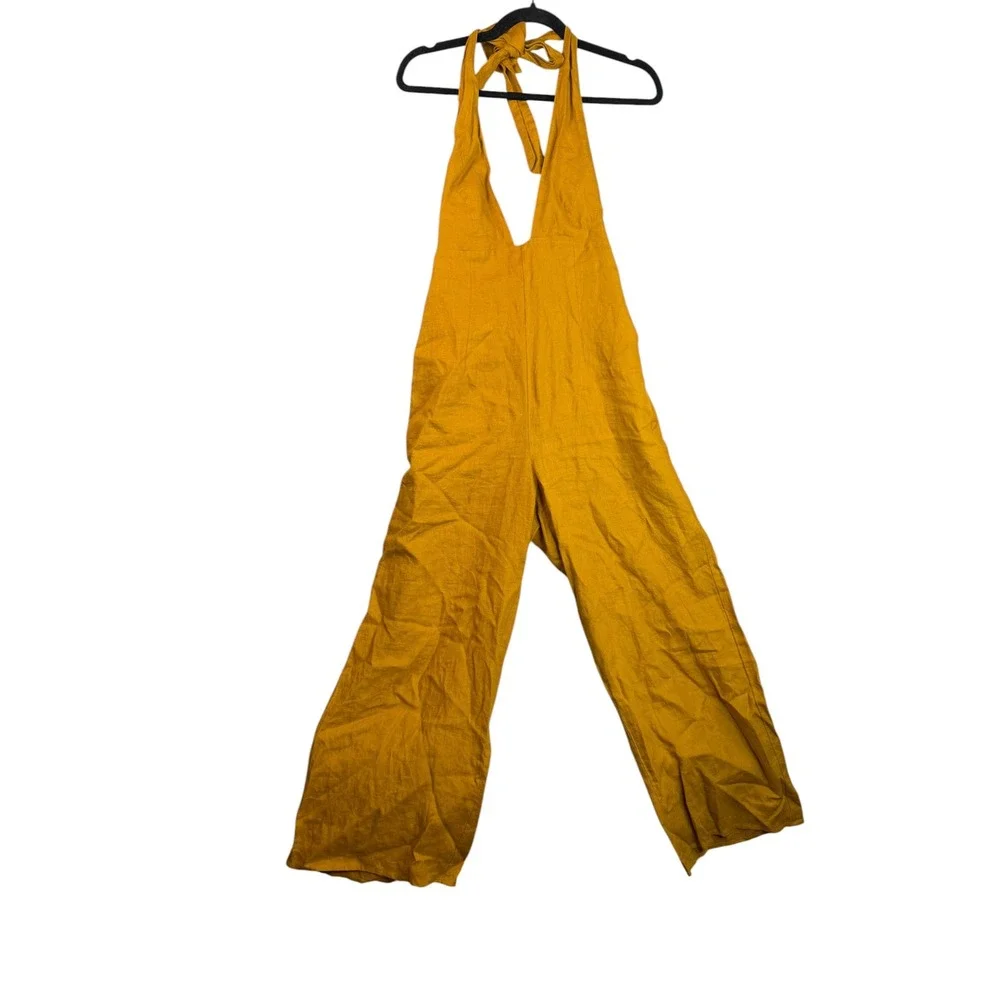 Aritzia Wilfred Mustard Yellow 100% Linen Halter Wide Leg Jumpsuit Womens 2